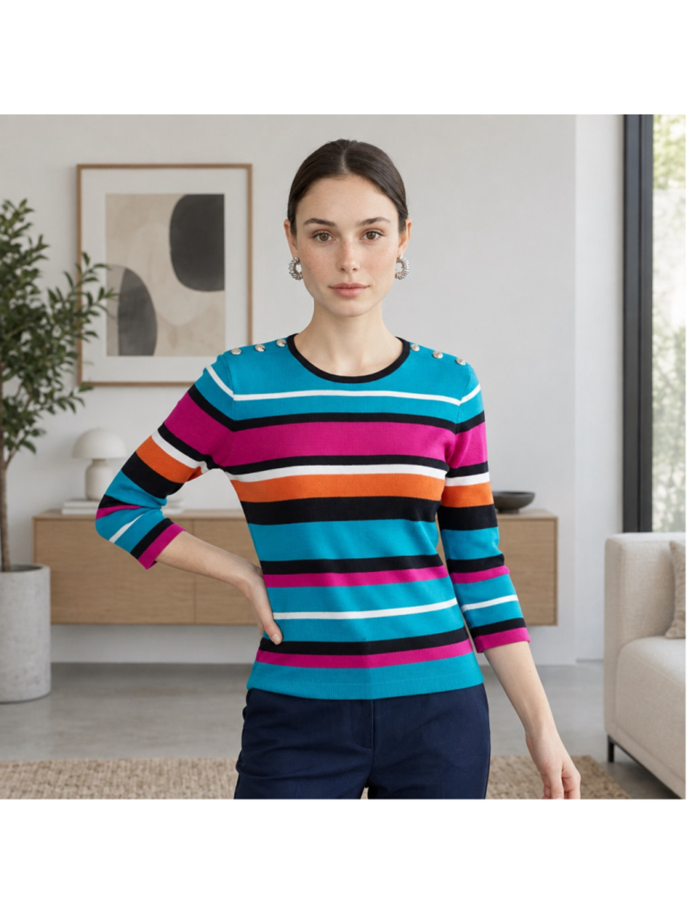 Women's Lauren Ralph Lauren Striped Long Sleeve Tee, Size S, Blue/Pink